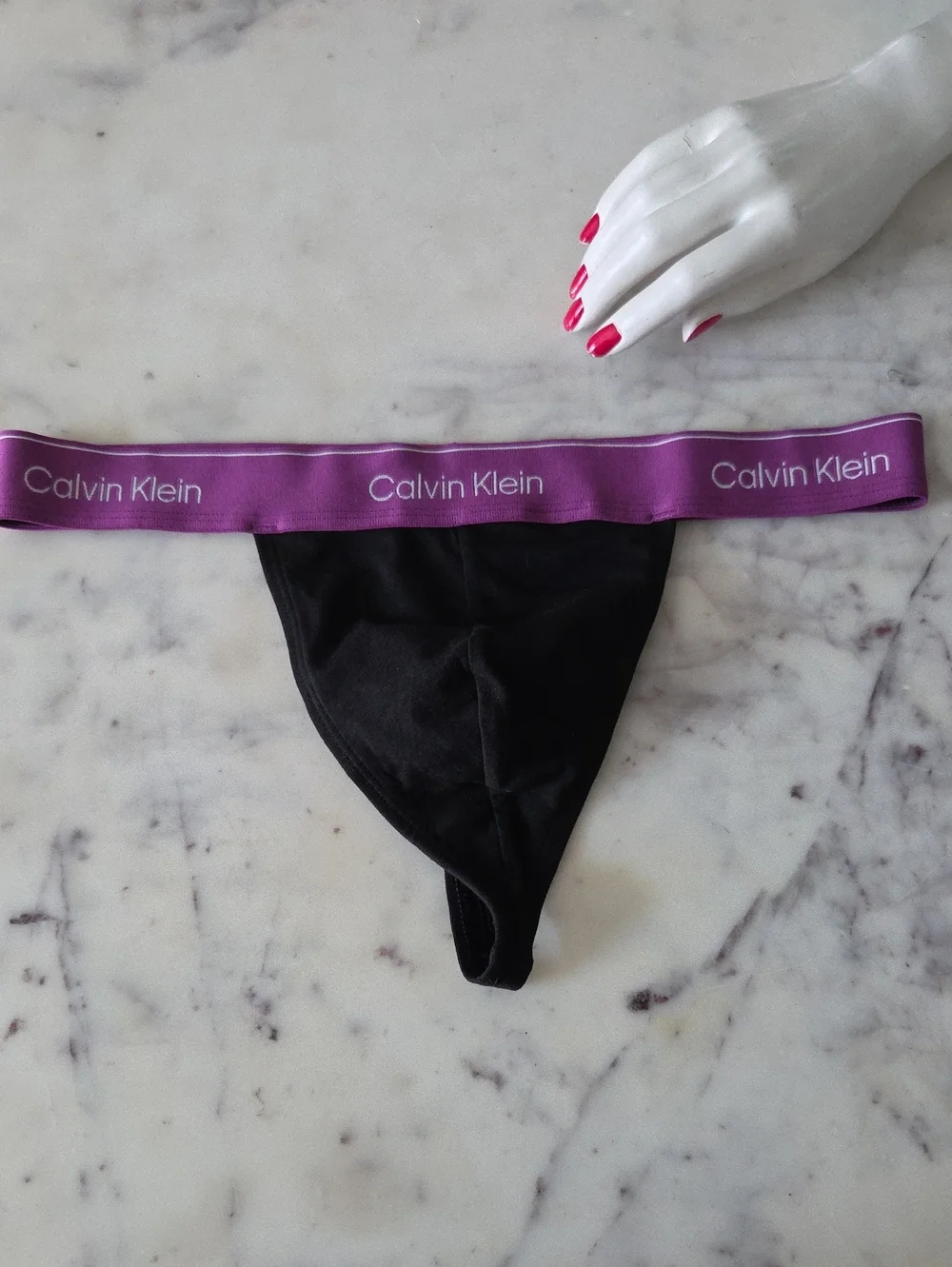 Calvin Klein Black Thong with Purple Logo Waistband Sz L